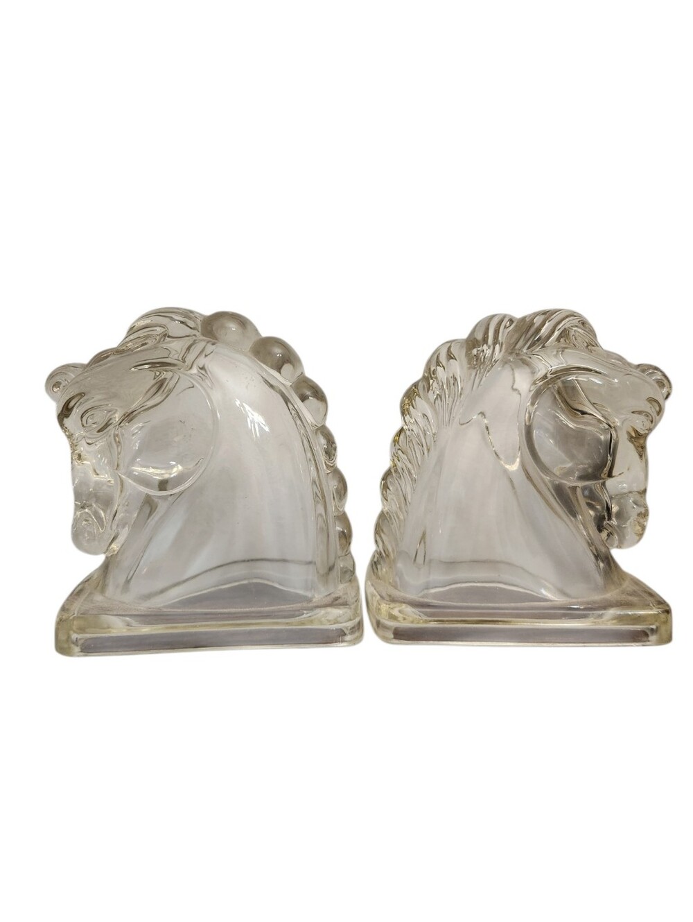 Vintage Mid Century Clear Glass Horse Head Bookends Paperweights Art Deco Hollow